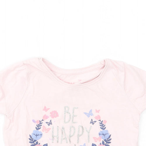 Primark Girls Pink  Cotton Basic T-Shirt Size 2-3 Years Crew Neck Pullover - Be Happy