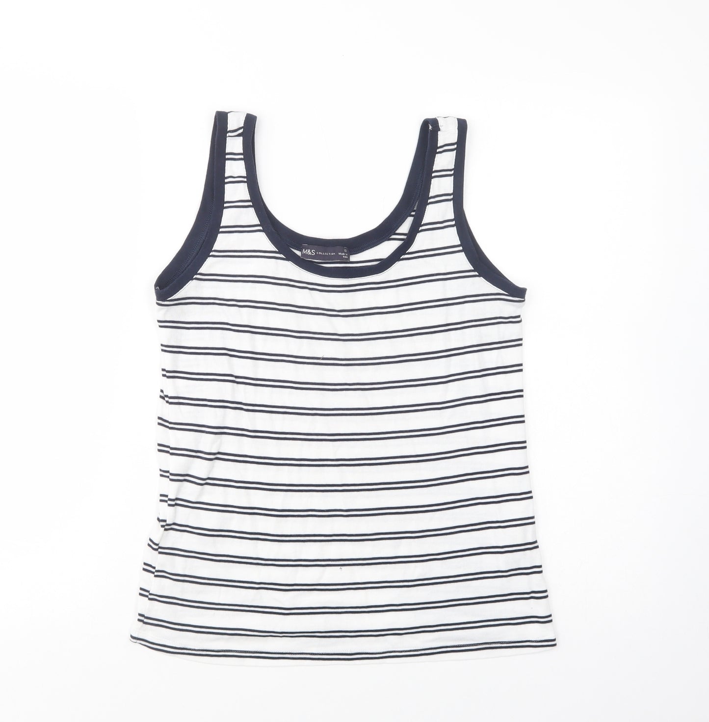Marks and Spencer Womens White Striped Cotton Basic Tank Size 12 Scoop Neck