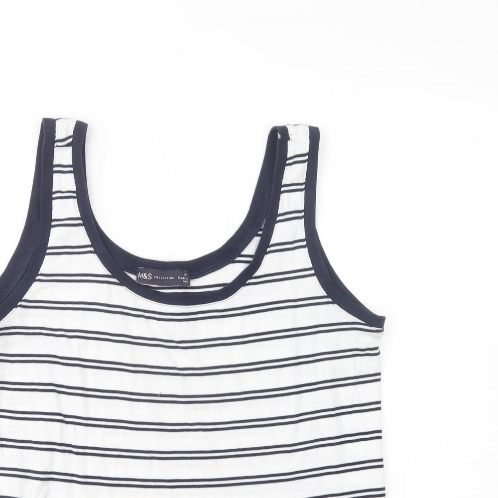 Marks and Spencer Womens White Striped Cotton Basic Tank Size 12 Scoop Neck