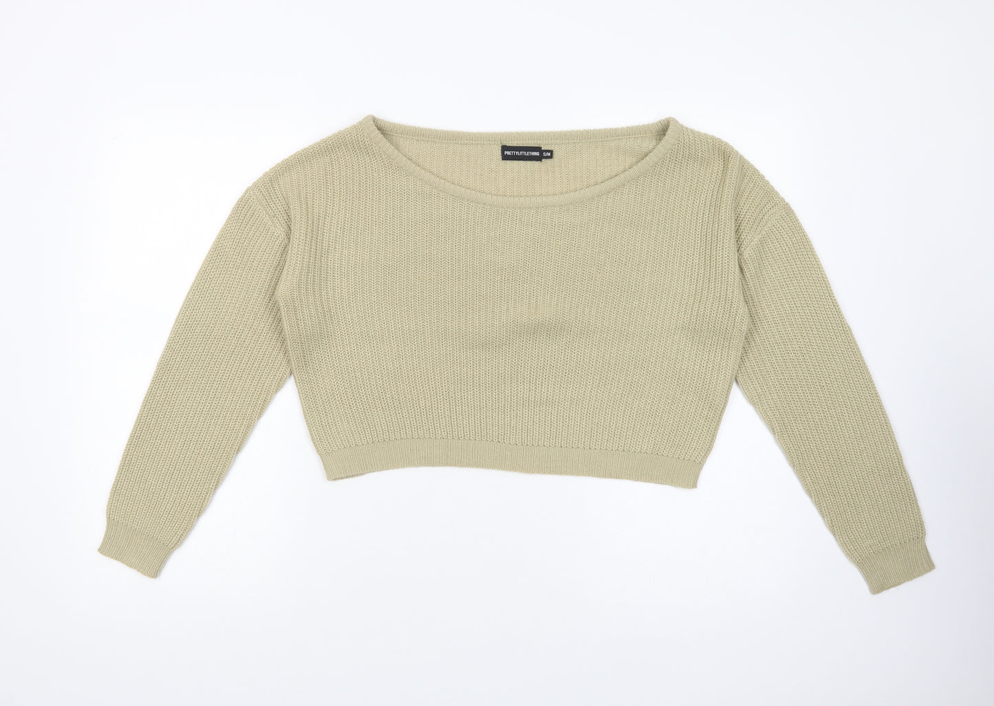 PRETTYLITTLETHING Womens Beige Boat Neck  Acrylic Pullover Jumper Size S   - Cropped