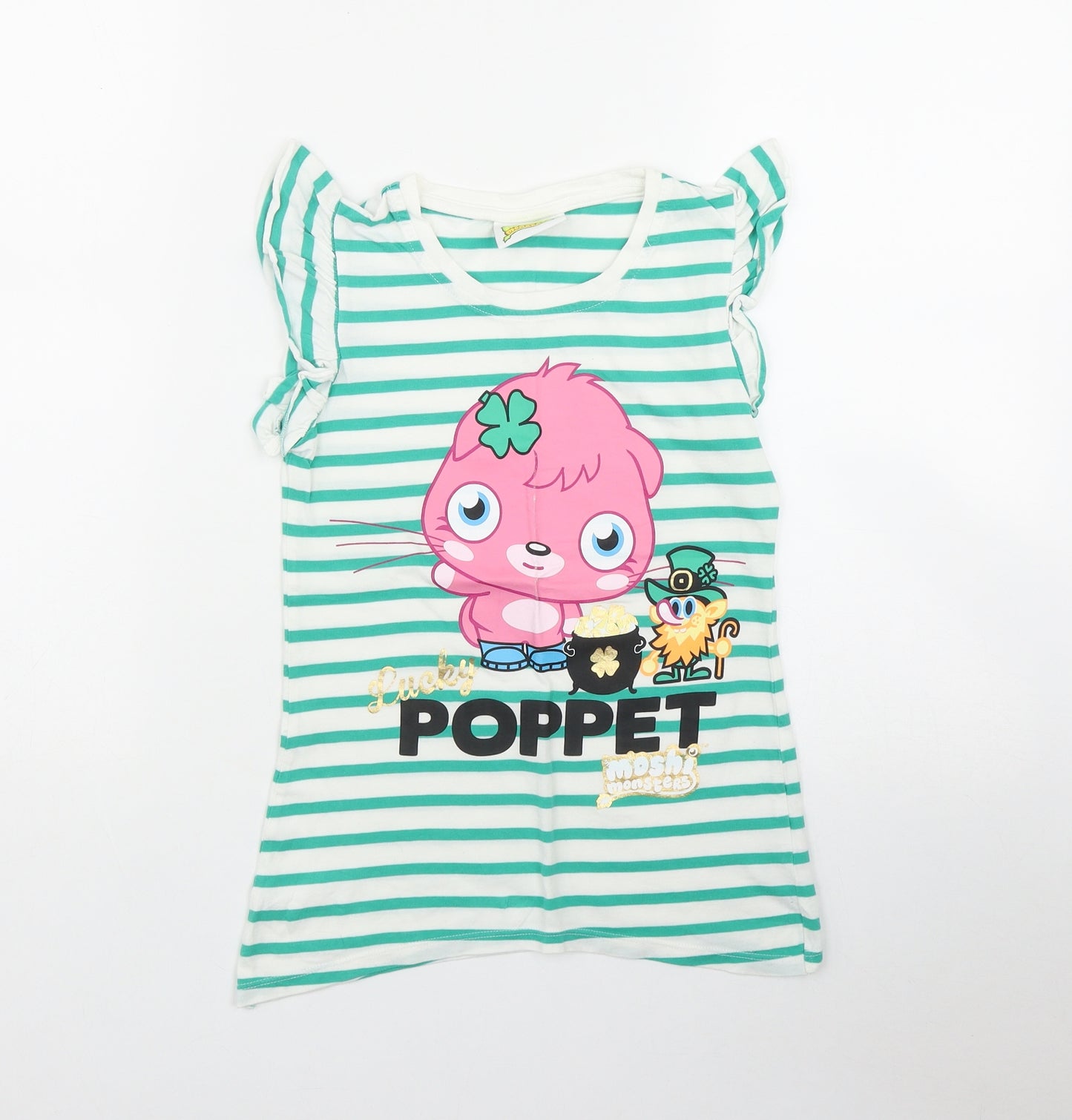 George Girls White Striped Cotton Basic T-Shirt Size 9-10 Years Round Neck  - 'Moshi Monsters'