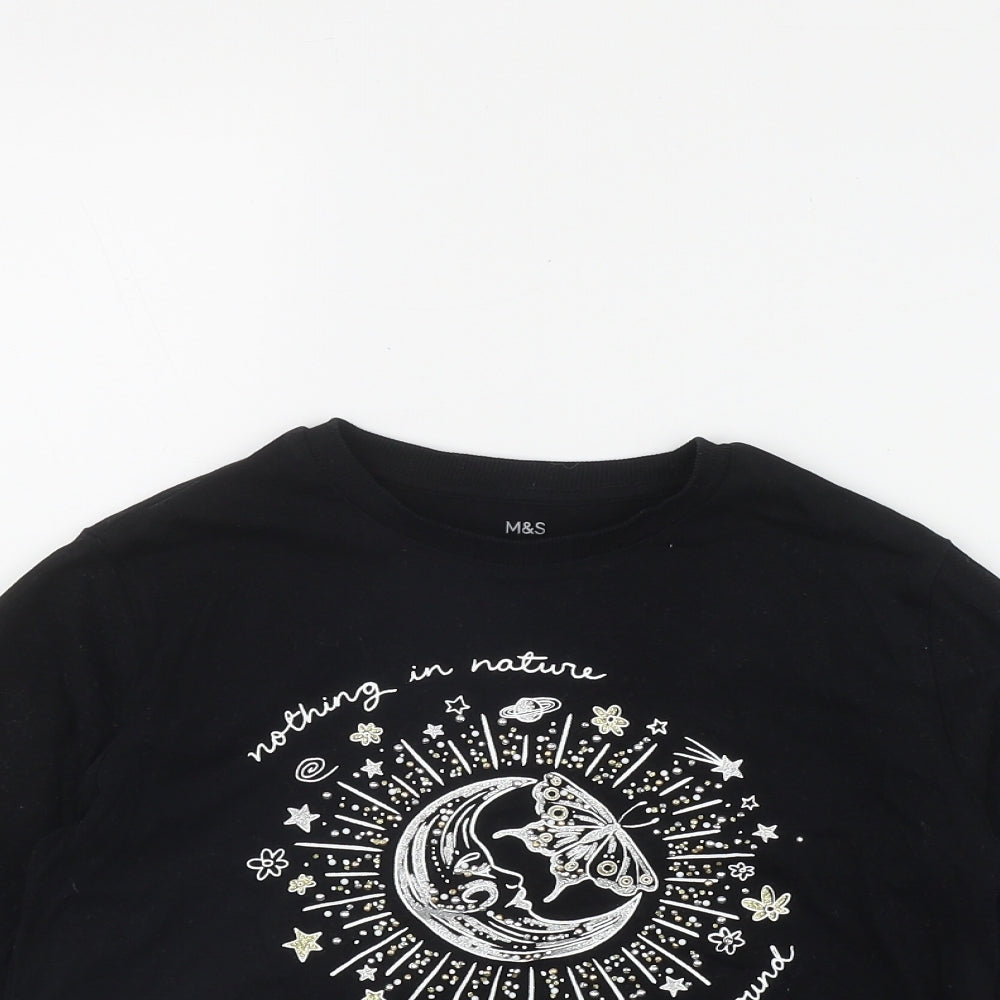 Marks and Spencer Girls Black  Cotton Basic T-Shirt Size 8-9 Years Round Neck