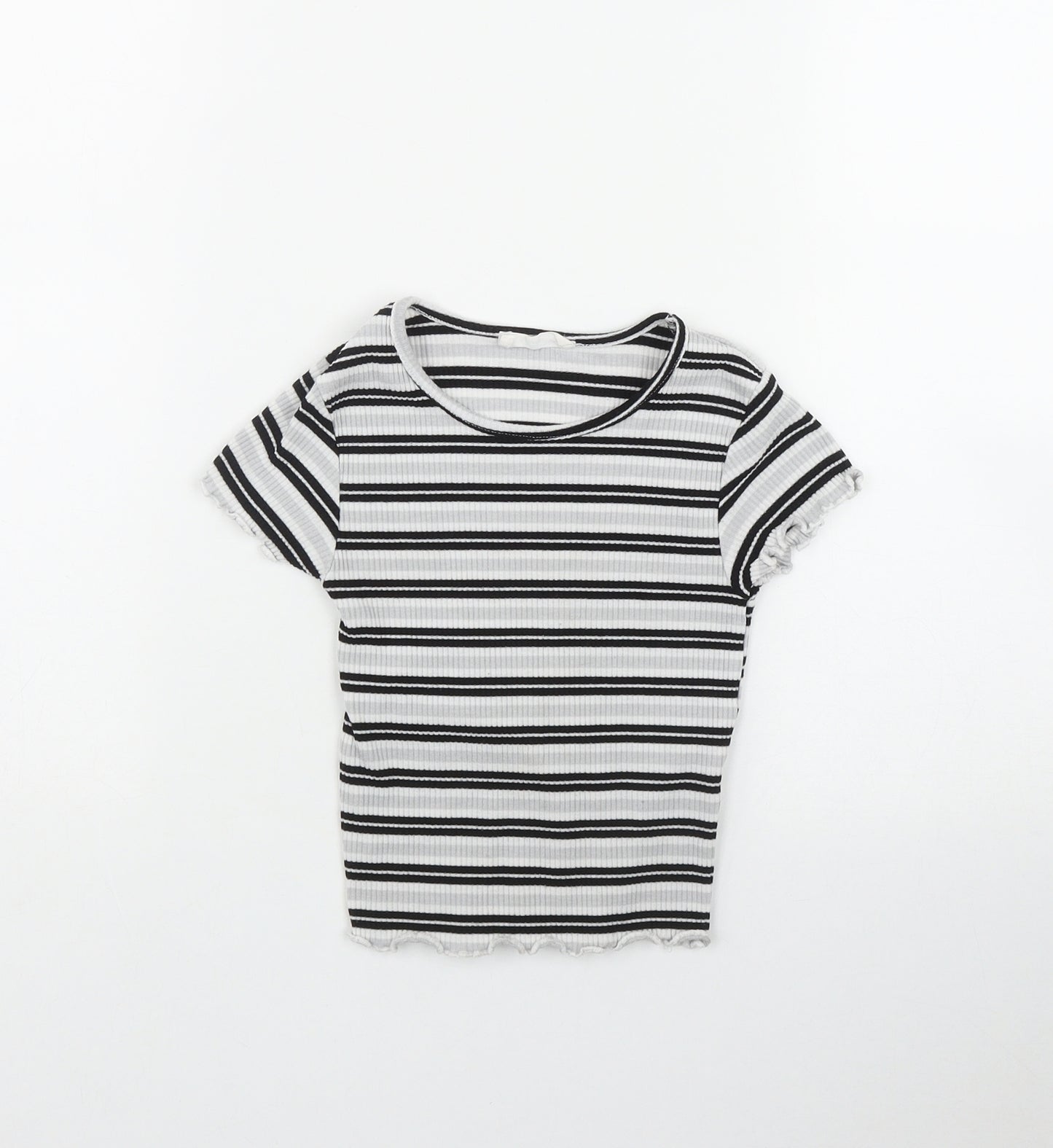 Primark Girls Grey Striped Polyester Basic T-Shirt Size 7-8 Years Round Neck