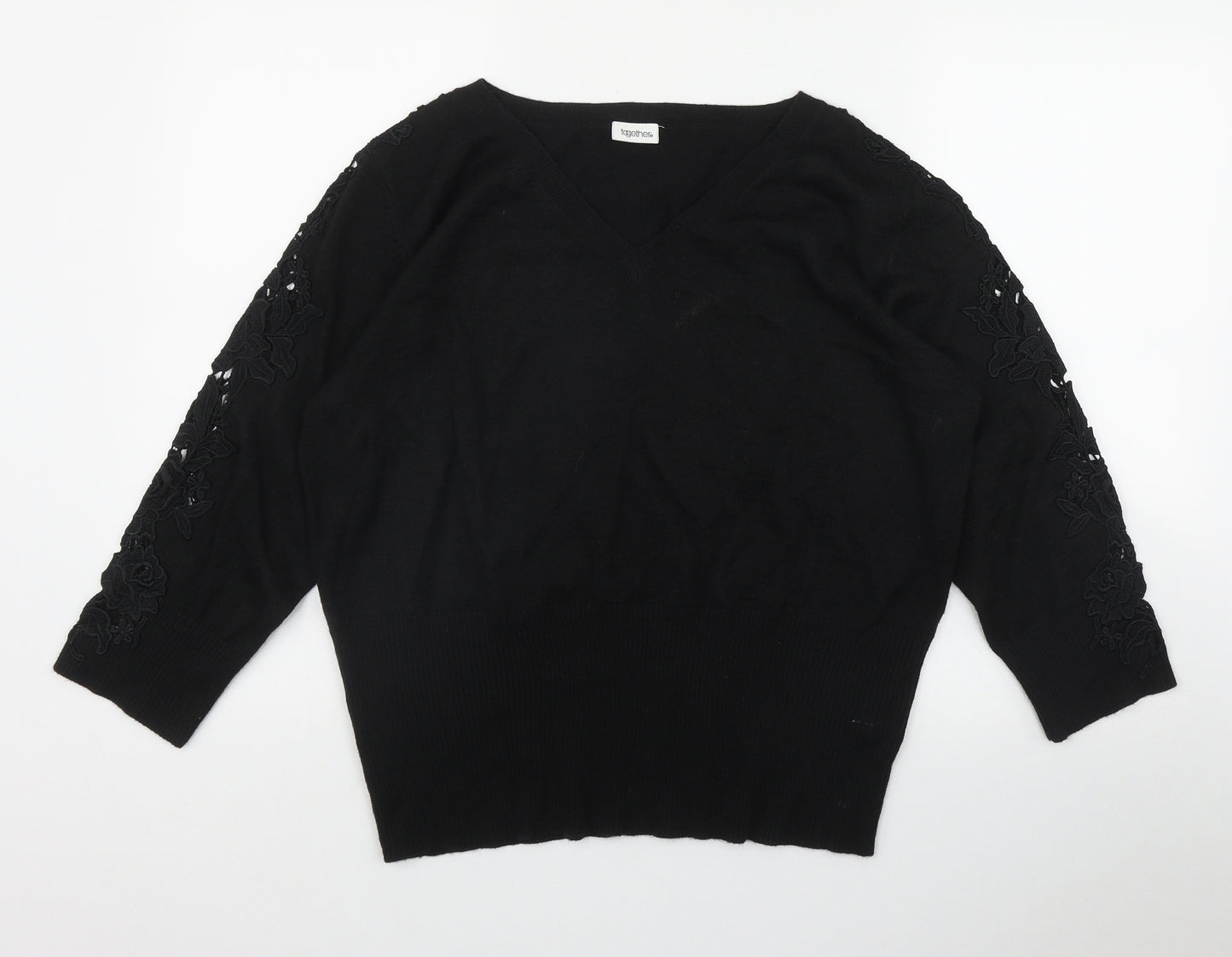 Together Womens Black V-Neck  Acrylic Pullover Jumper Size 22