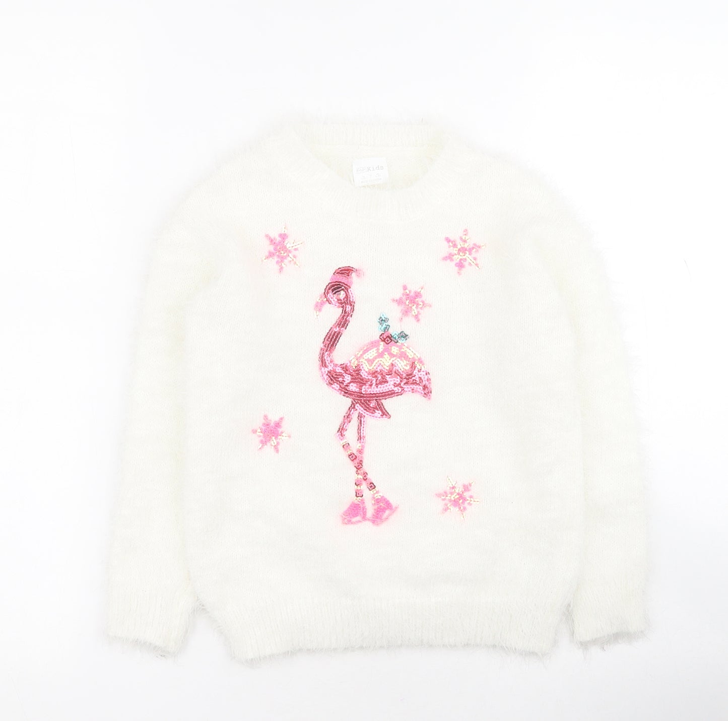 F&F Girls White Round Neck  Polyester Pullover Jumper Size 5-6 Years  Pullover - Flamingo Christmas