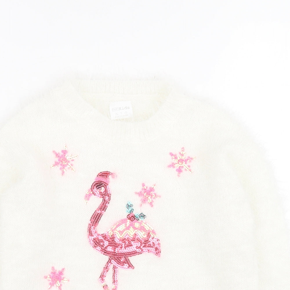 F&F Girls White Round Neck  Polyester Pullover Jumper Size 5-6 Years  Pullover - Flamingo Christmas