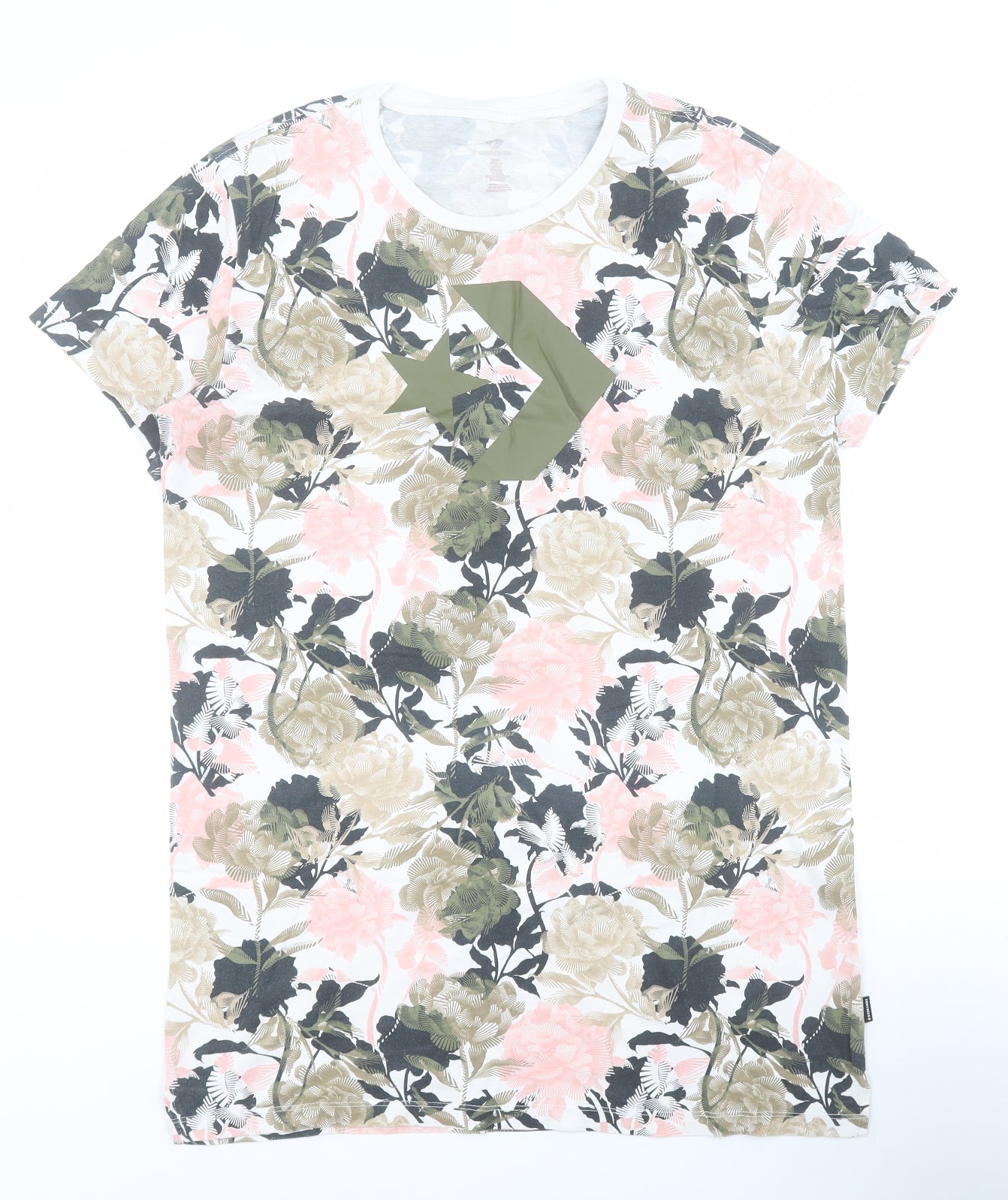 Converse Womens Beige Floral 100% Cotton Basic T-Shirt Size S Round Neck