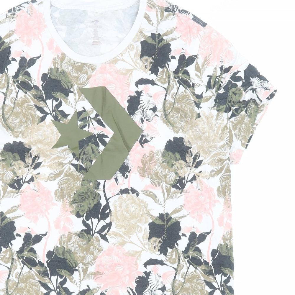 Converse Womens Beige Floral 100% Cotton Basic T-Shirt Size S Round Neck