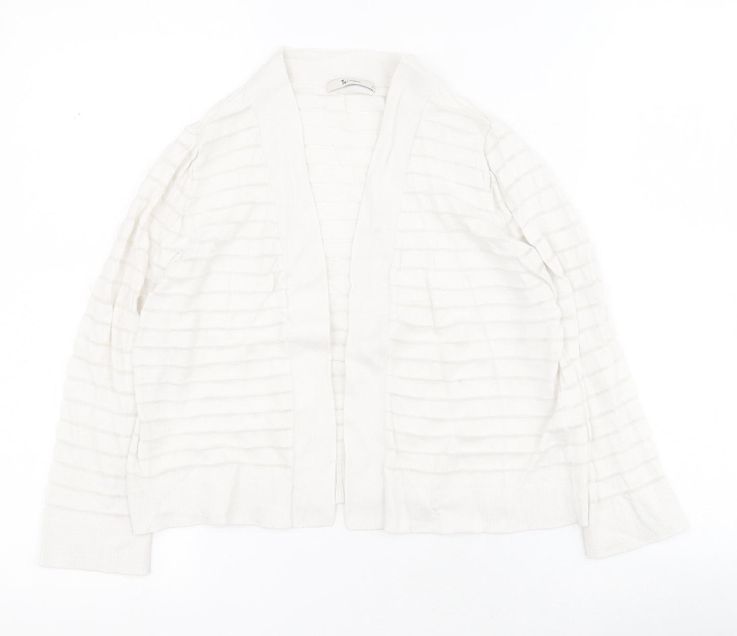 TU Womens White V-Neck Striped Cotton Shrug Jumper Size 8