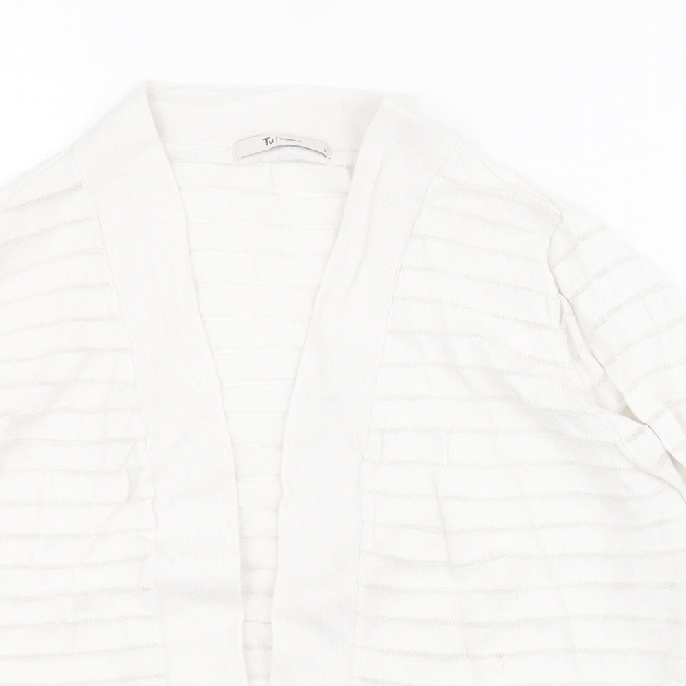 TU Womens White V-Neck Striped Cotton Shrug Jumper Size 8