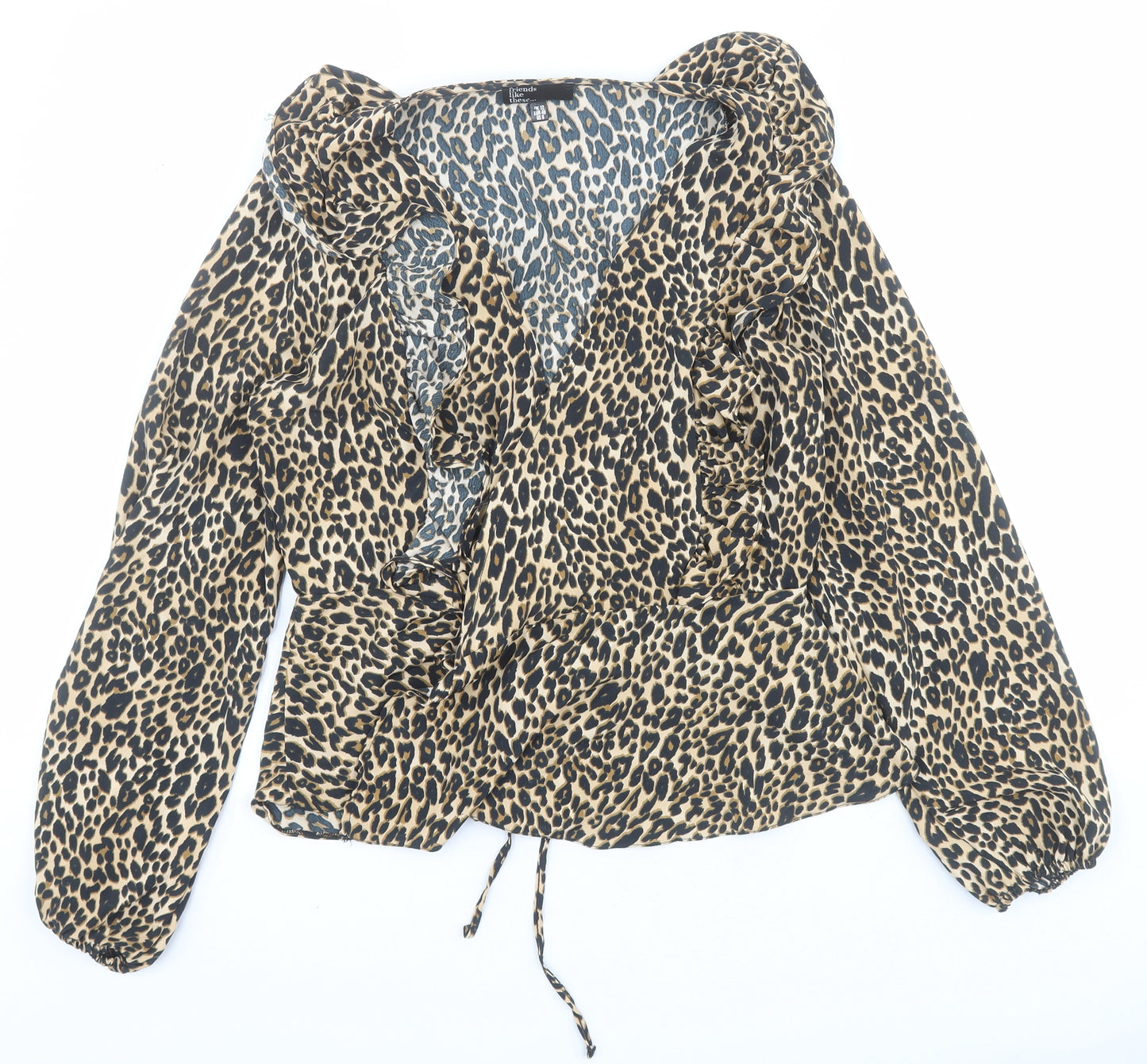 Friends like these Womens Brown Animal Print Polyester Basic Blouse Size 12 V-Neck