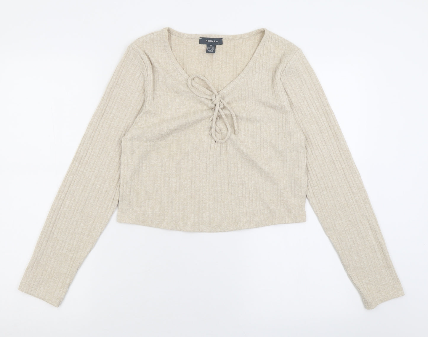 Primark Womens Beige  Viscose Cropped T-Shirt Size M V-Neck