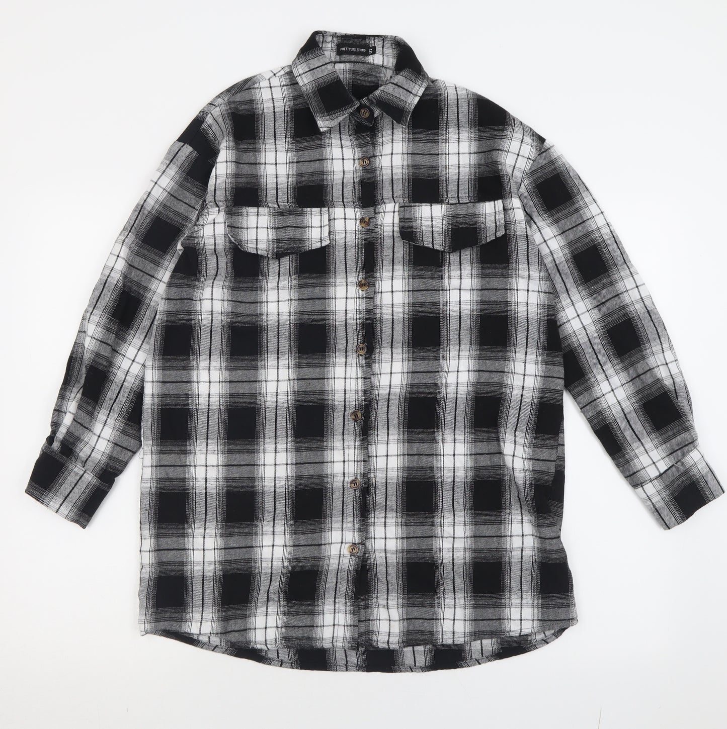 PRETTYLITTLETHING Womens Grey Check Cotton Shirt Dress  Size S  Collared Button