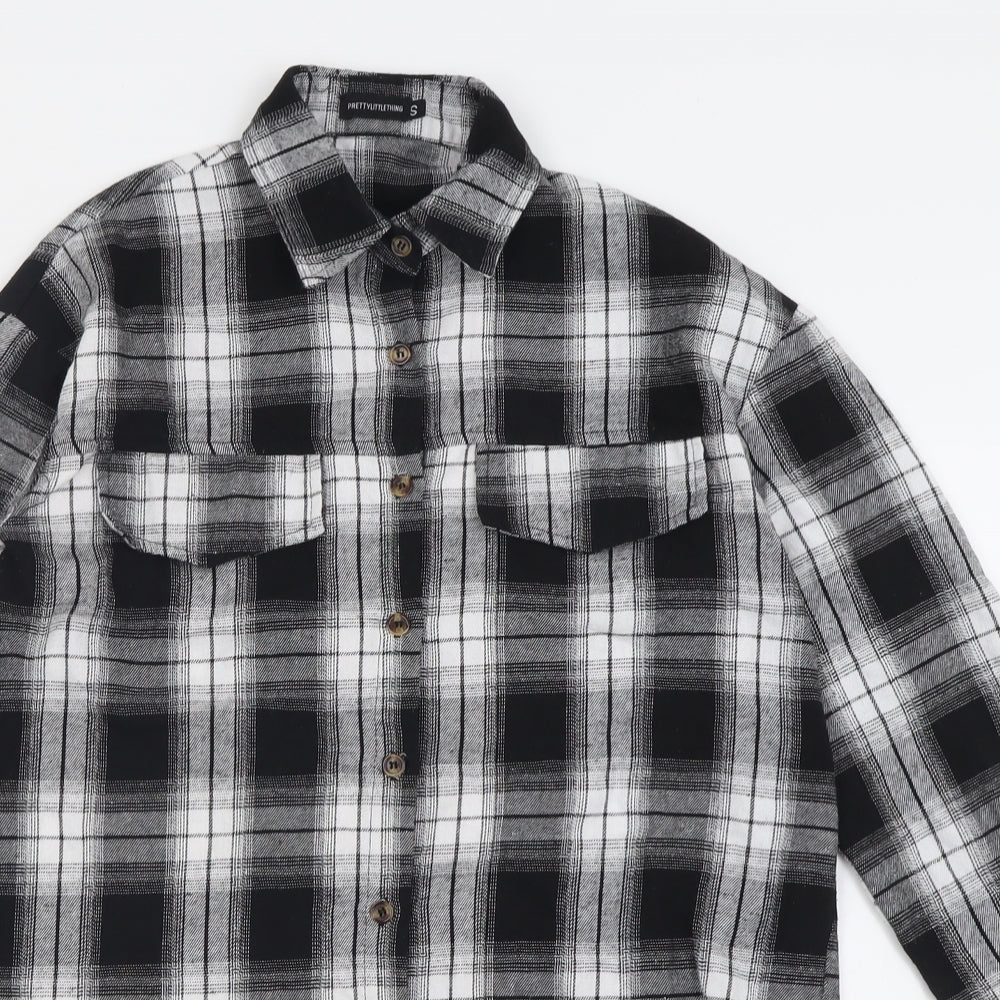 PRETTYLITTLETHING Womens Grey Check Cotton Shirt Dress  Size S  Collared Button