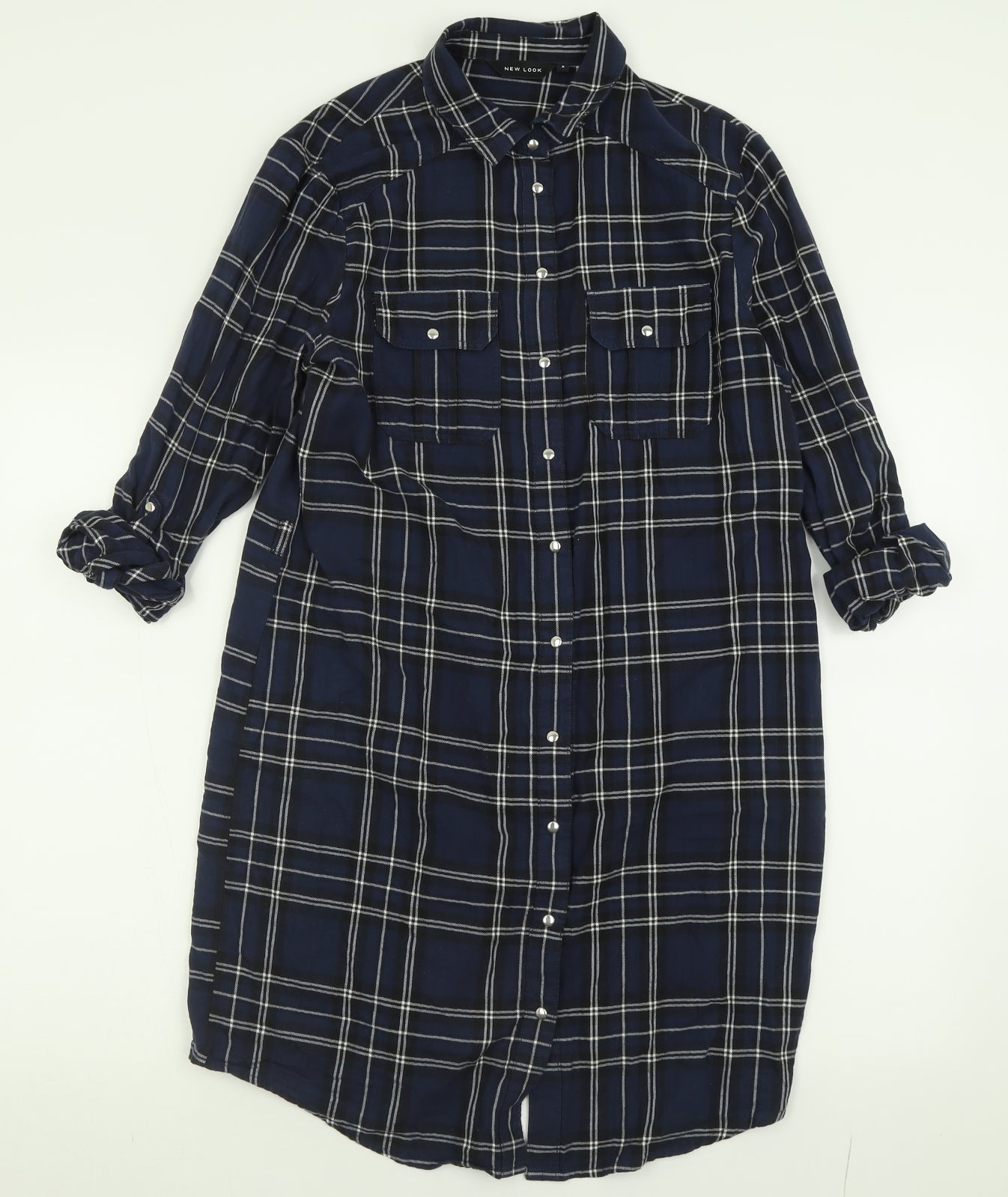 New Look Womens Blue Check Cotton Shirt Dress  Size 8  Collared Button