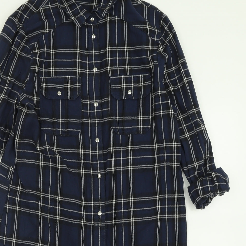 New Look Womens Blue Check Cotton Shirt Dress  Size 8  Collared Button