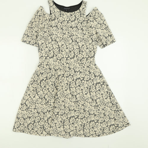 Topshop Womens Ivory Floral Cotton Fit & Flare  Size 12  Crew Neck Pullover - Cold Shoulder