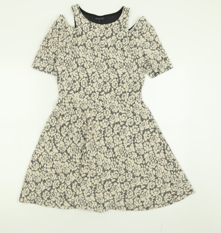 Topshop Womens Ivory Floral Cotton Fit & Flare  Size 12  Crew Neck Pullover - Cold Shoulder