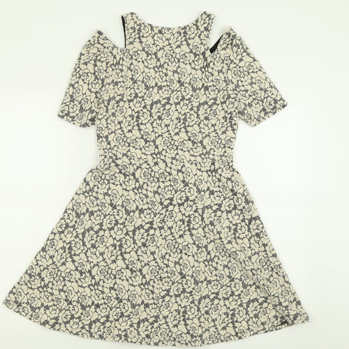 Topshop Womens Ivory Floral Cotton Fit & Flare  Size 12  Crew Neck Pullover - Cold Shoulder