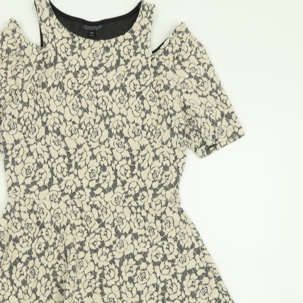 Topshop Womens Ivory Floral Cotton Fit & Flare  Size 12  Crew Neck Pullover - Cold Shoulder