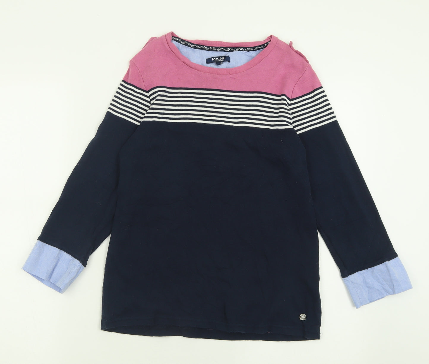Maine Womens Beige V-Neck Striped Cotton Pullover Jumper Size 16