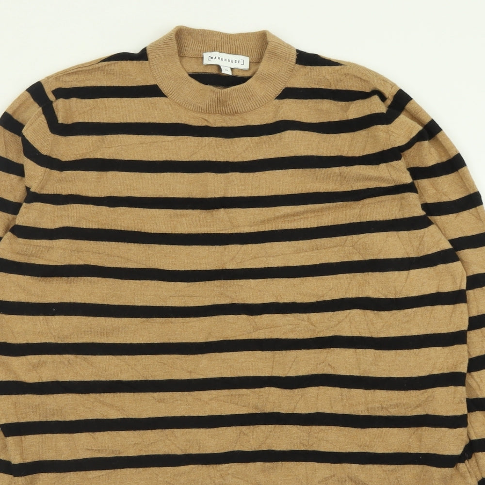 Warehouse Womens Blue Crew Neck Striped Cotton Pullover Jumper Size 12