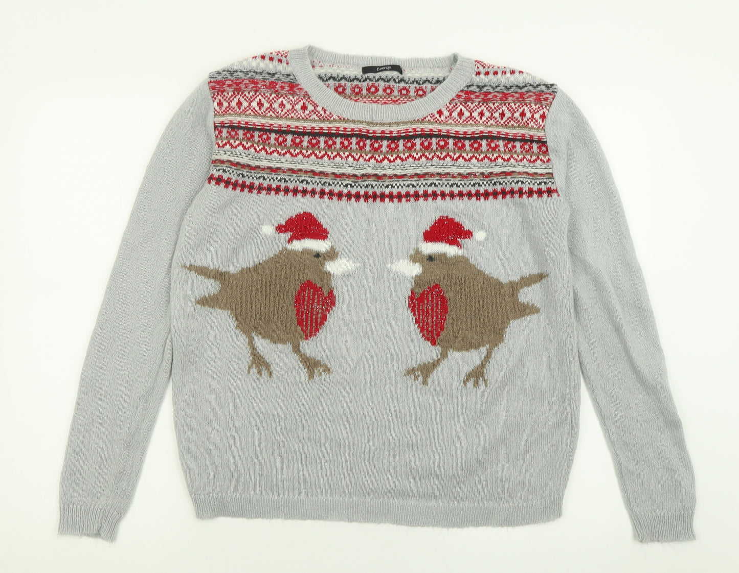 George Womens Grey Crew Neck Geometric Acrylic Pullover Jumper Size 10   - Robin Christmas
