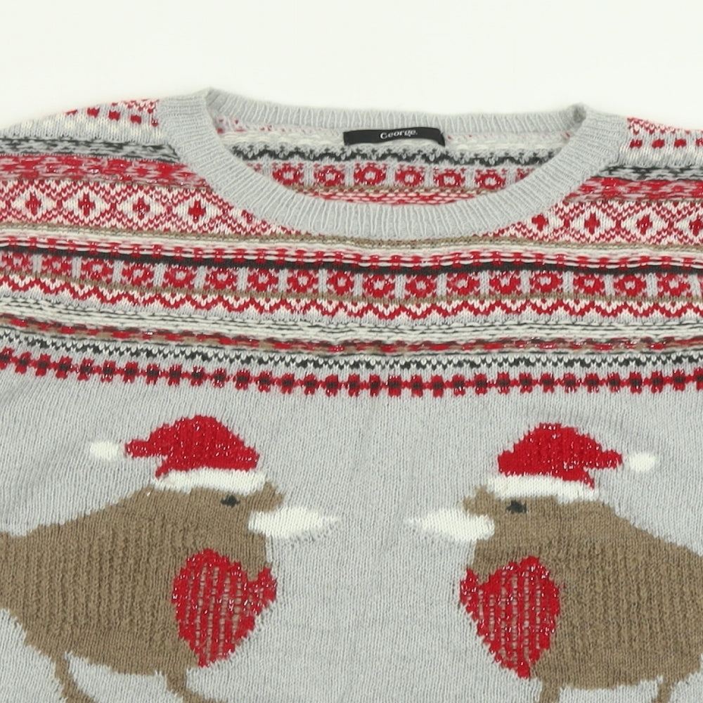 George Womens Grey Crew Neck Geometric Acrylic Pullover Jumper Size 10   - Robin Christmas