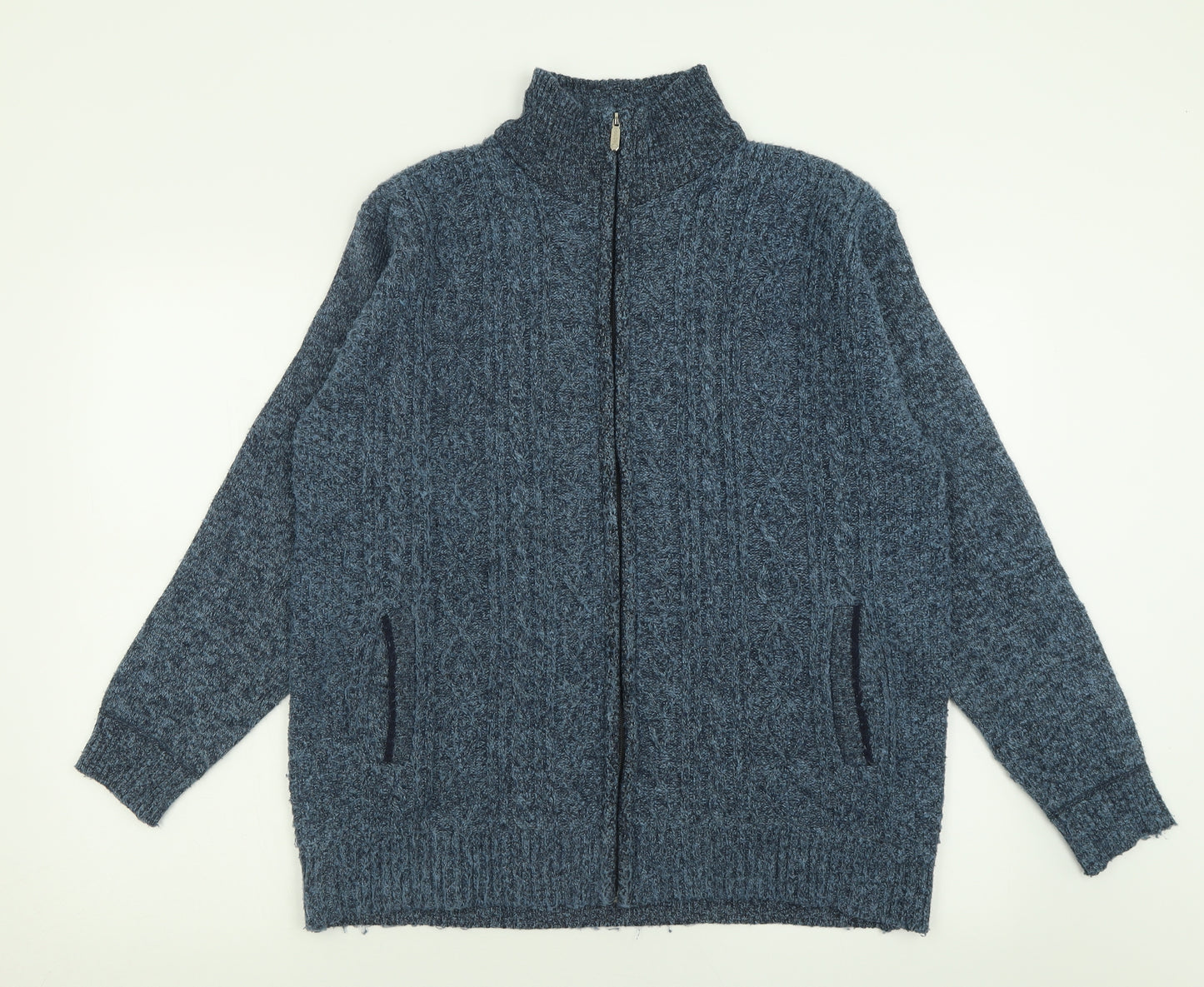 silktaa Mens Blue High Neck  Cotton Full Zip Jumper Size L