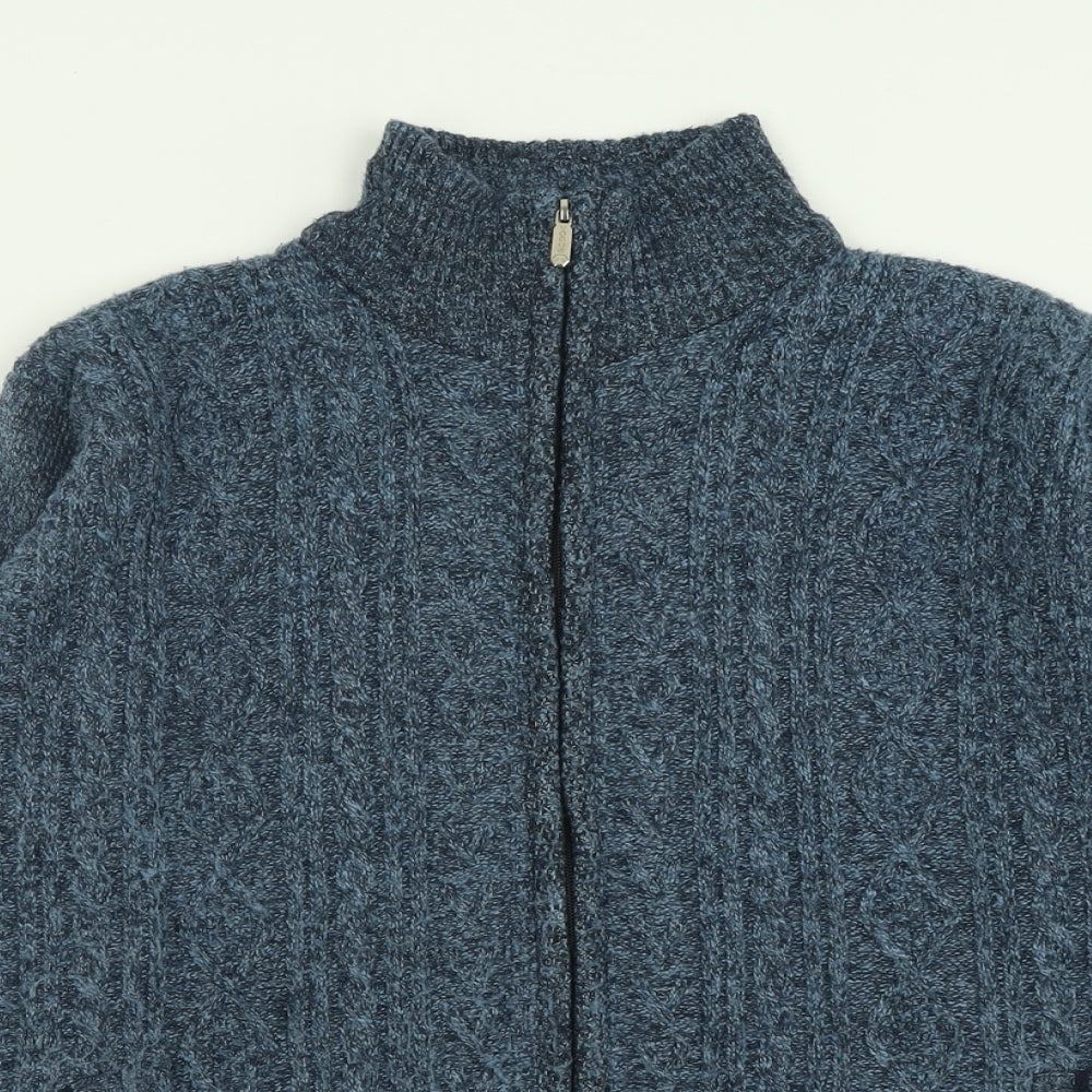 silktaa Mens Blue High Neck  Cotton Full Zip Jumper Size L
