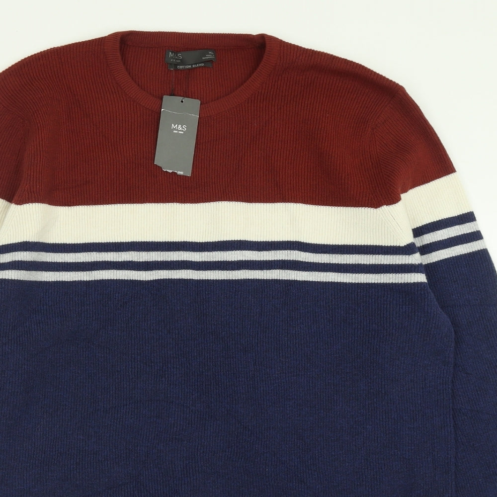 Marks and Spencer Mens Black Crew Neck Striped Polyester Pullover Jumper Size L
