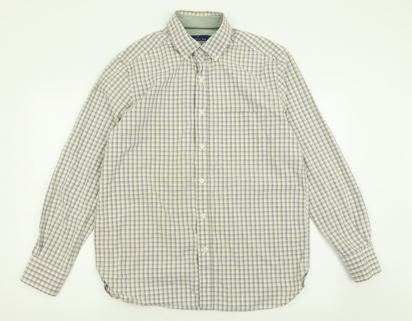 Atlantic Bay Mens Ivory Check Cotton  Button-Up Size M Collared Button