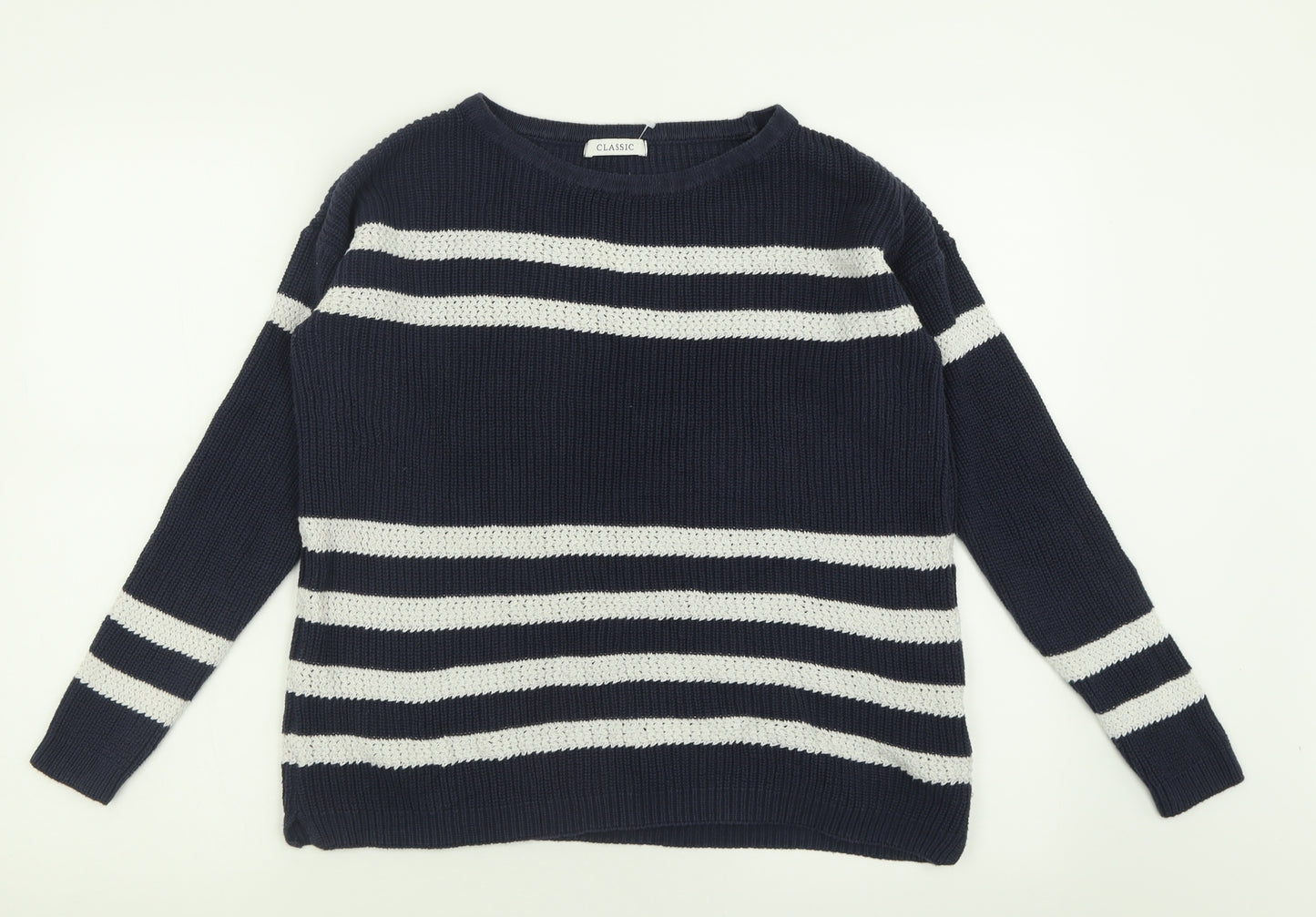 Marks and Spencer Womens Blue Crew Neck Striped Cotton Pullover Jumper Size 12