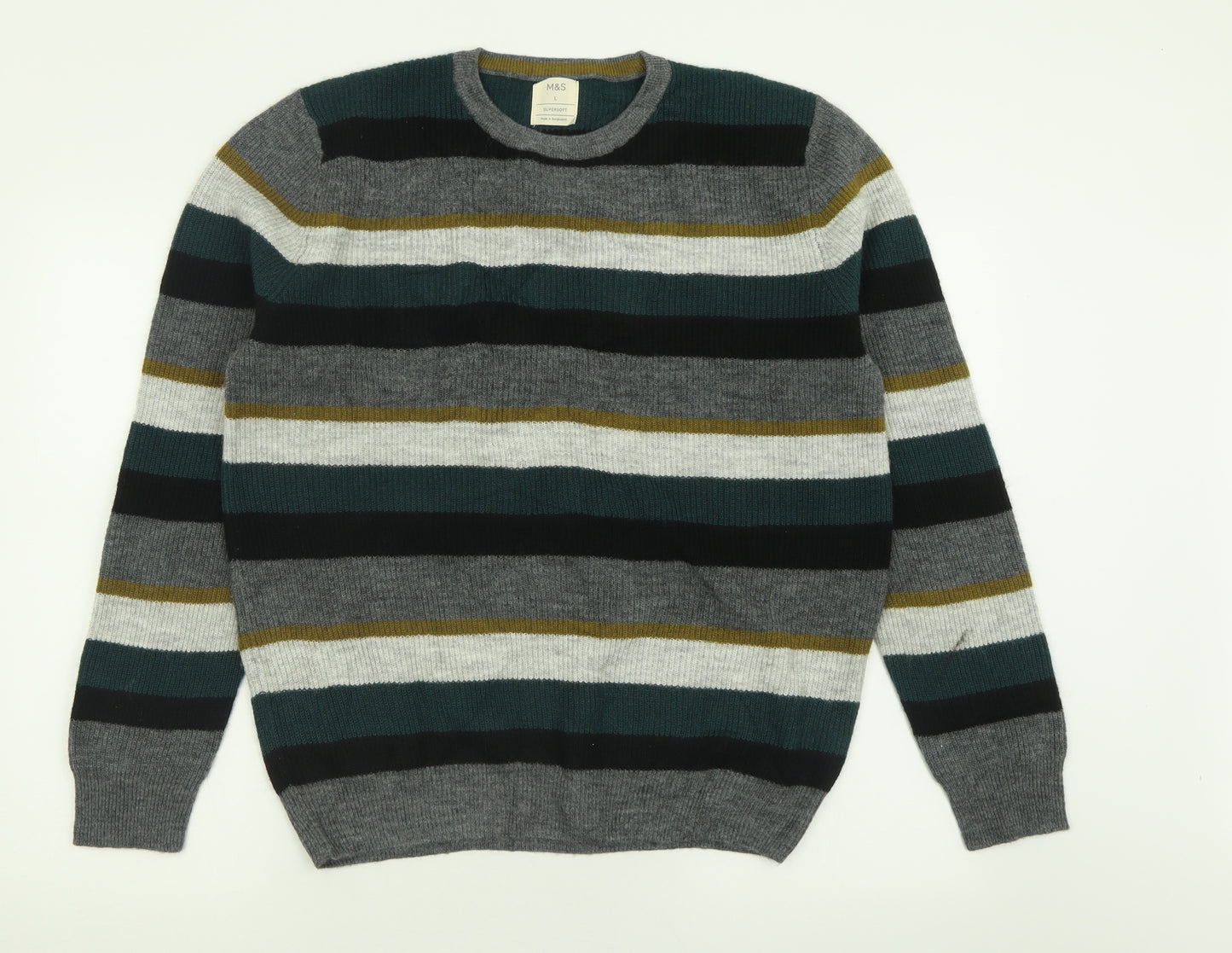 Marks and Spencer Mens Green Crew Neck Striped Polyester Pullover Jumper Size L   - Supersoft