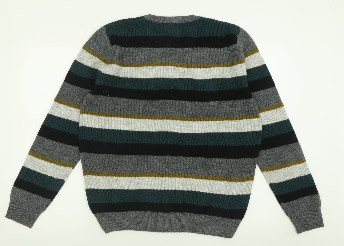 Marks and Spencer Mens Green Crew Neck Striped Polyester Pullover Jumper Size L   - Supersoft