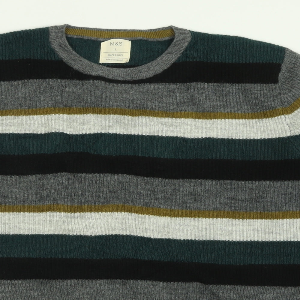 Marks and Spencer Mens Green Crew Neck Striped Polyester Pullover Jumper Size L   - Supersoft