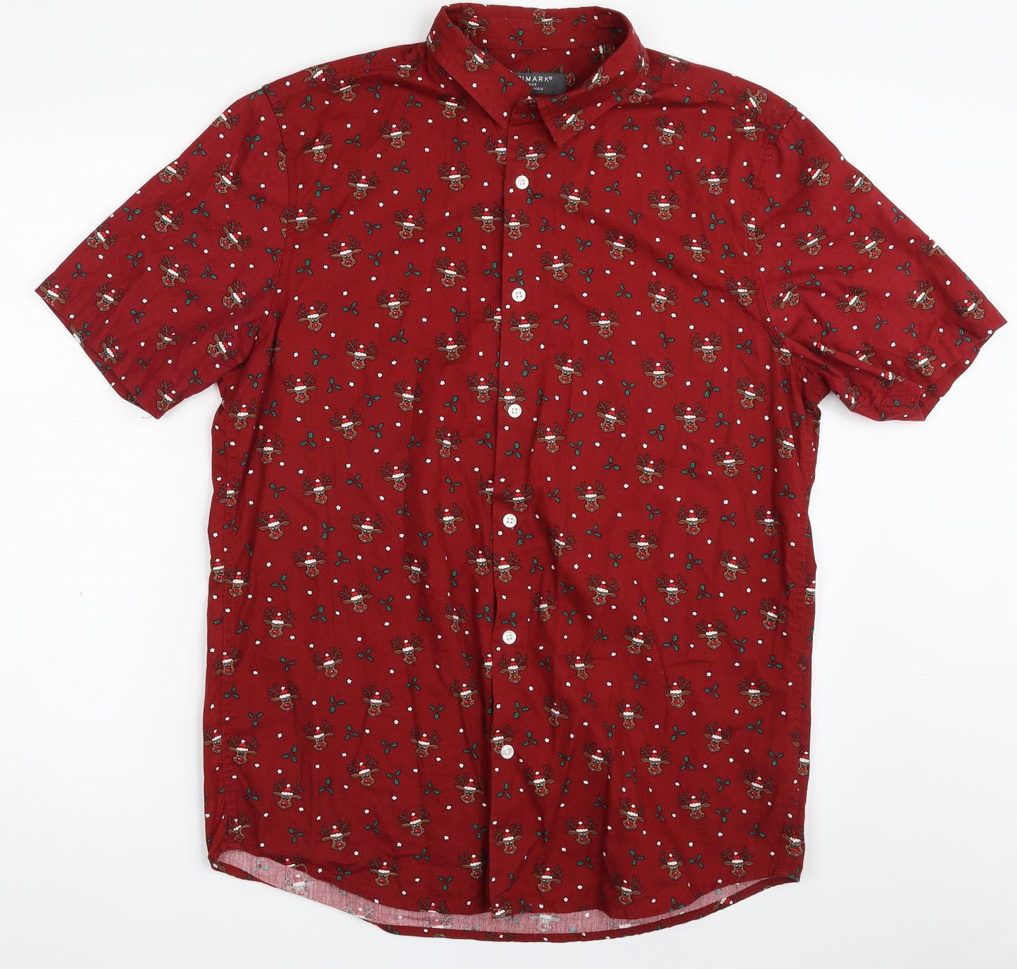 Primark Mens Red  Cotton  Button-Up Size L Collared Button - Christmas