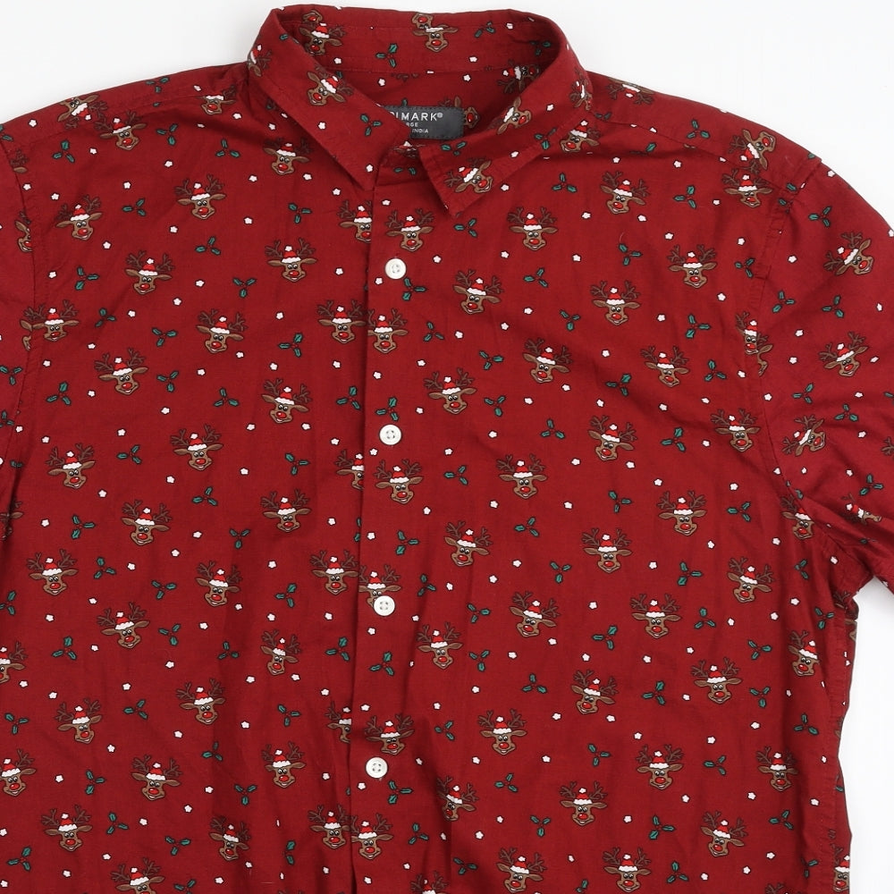 Primark Mens Red  Cotton  Button-Up Size L Collared Button - Christmas