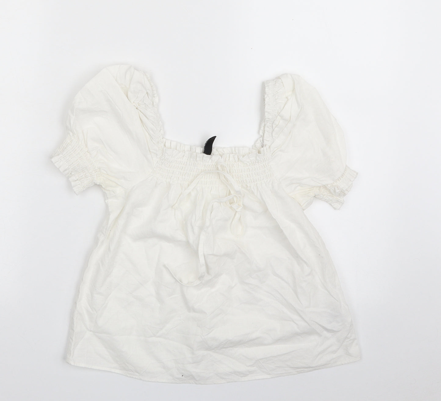 H&M Womens White  100% Cotton Cropped Blouse Size XS Square Neck - Tie