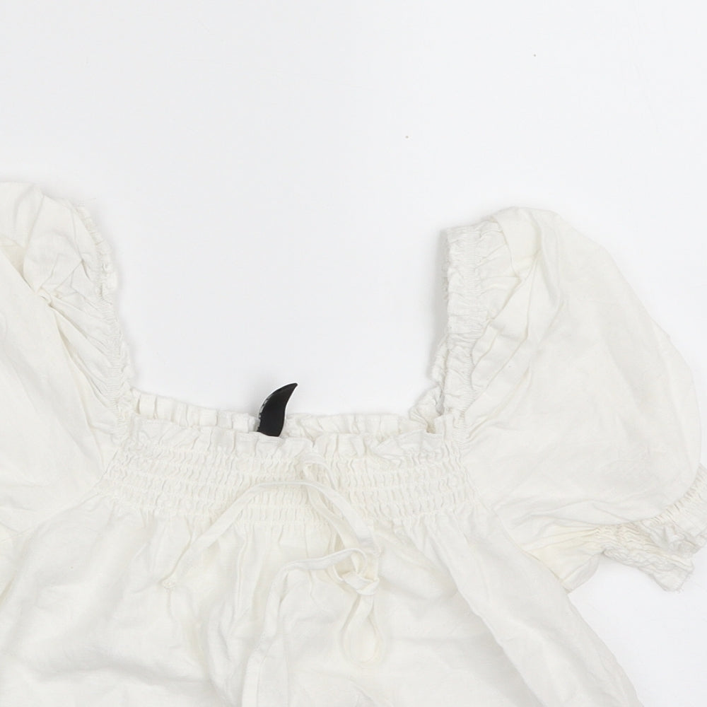 H&M Womens White  100% Cotton Cropped Blouse Size XS Square Neck - Tie