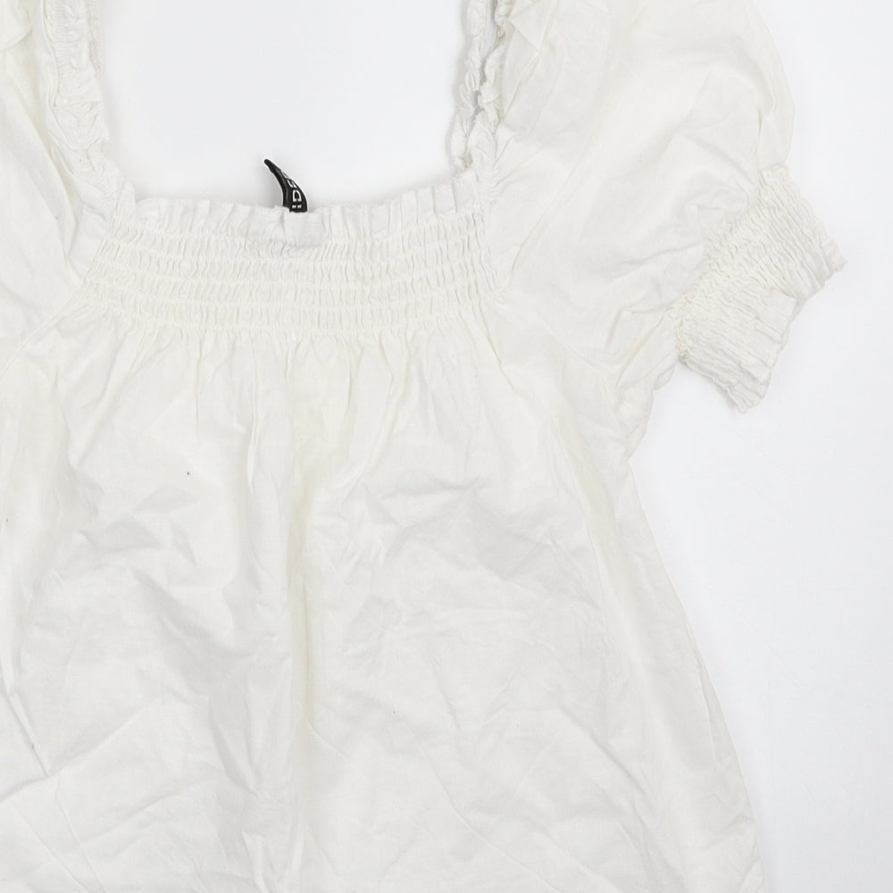 H&M Womens White  100% Cotton Cropped Blouse Size XS Square Neck - Tie
