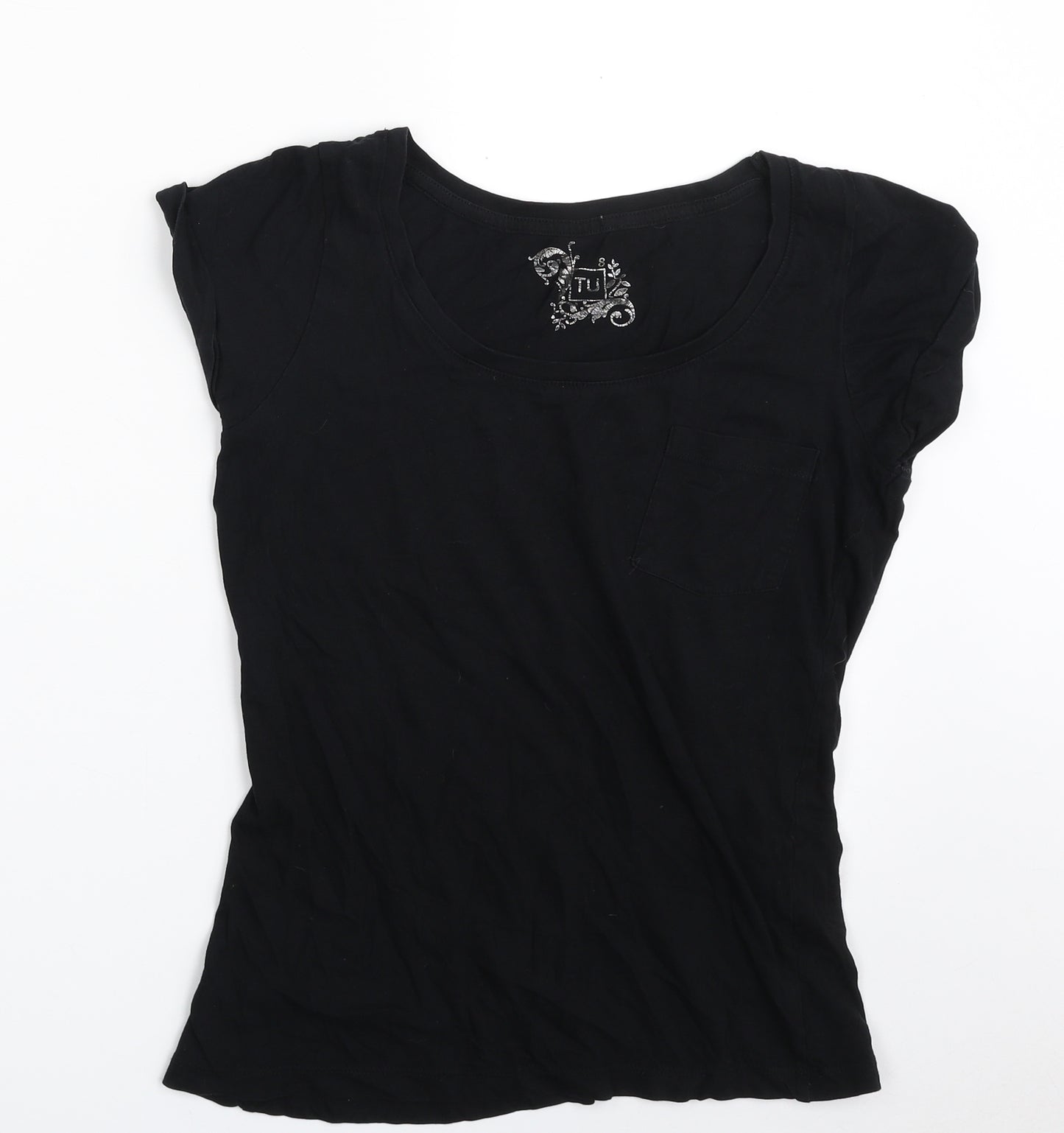 TU Womens Black  100% Cotton Basic T-Shirt Size 8 Scoop Neck - Cap Sleeve
