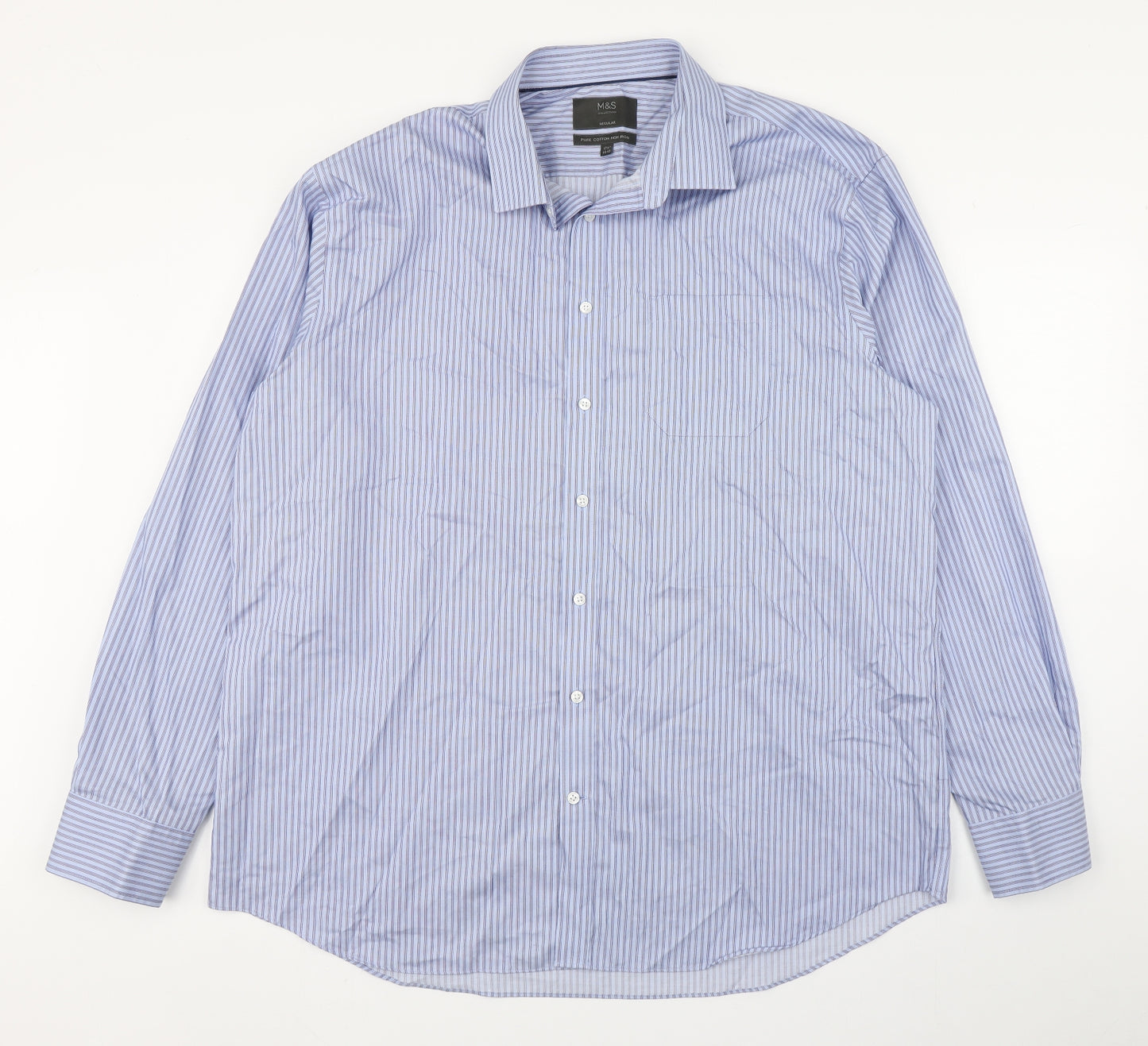 Marks and Spencer Mens Blue Striped Cotton  Dress Shirt Size 17.5 Collared Button
