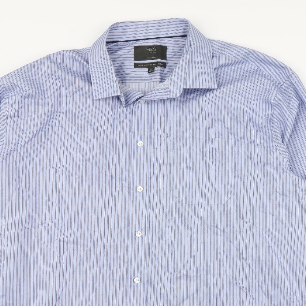 Marks and Spencer Mens Blue Striped Cotton  Dress Shirt Size 17.5 Collared Button