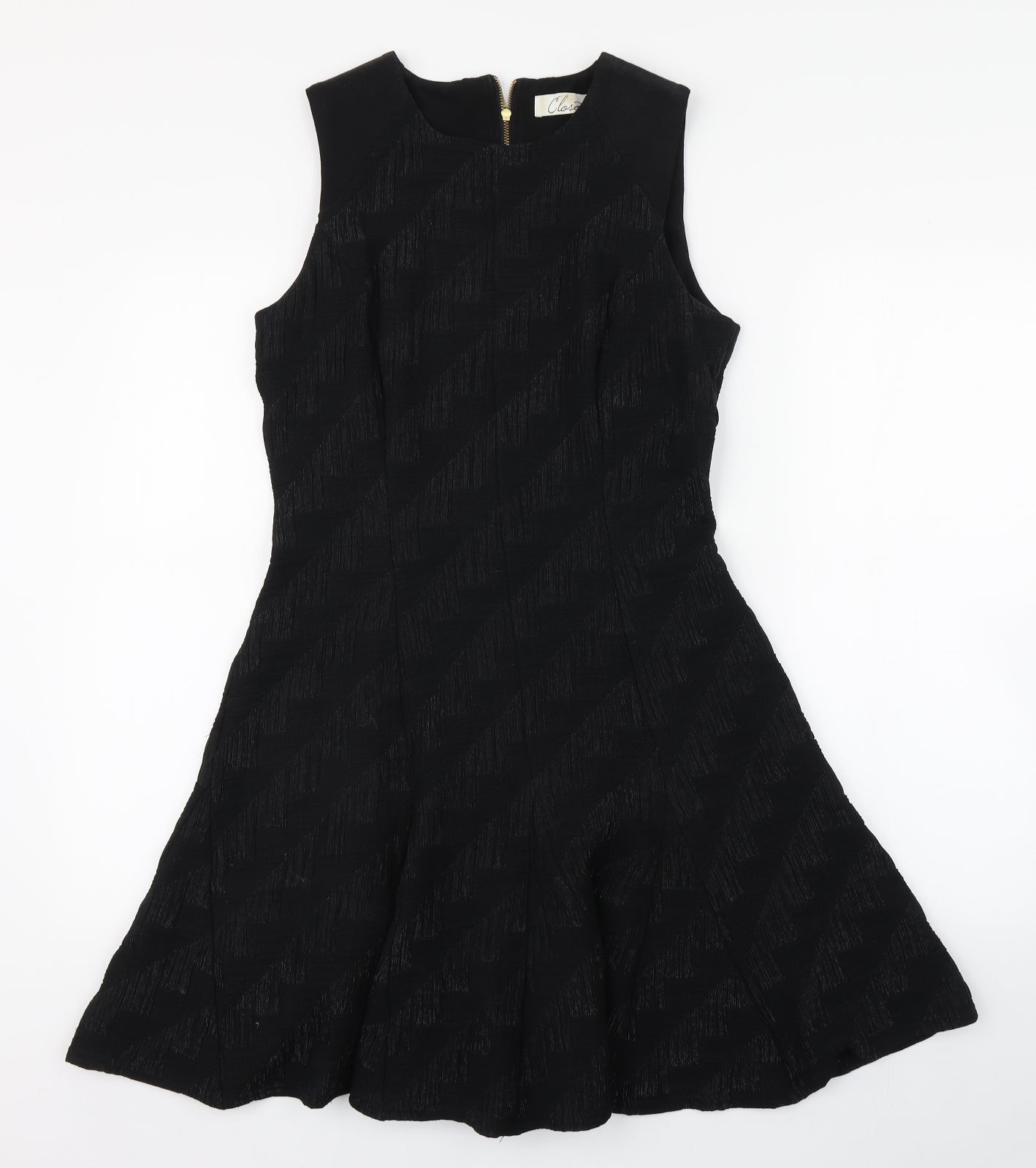 Closet Womens Black Striped Polyester Skater Dress  Size 14  Round Neck Zip
