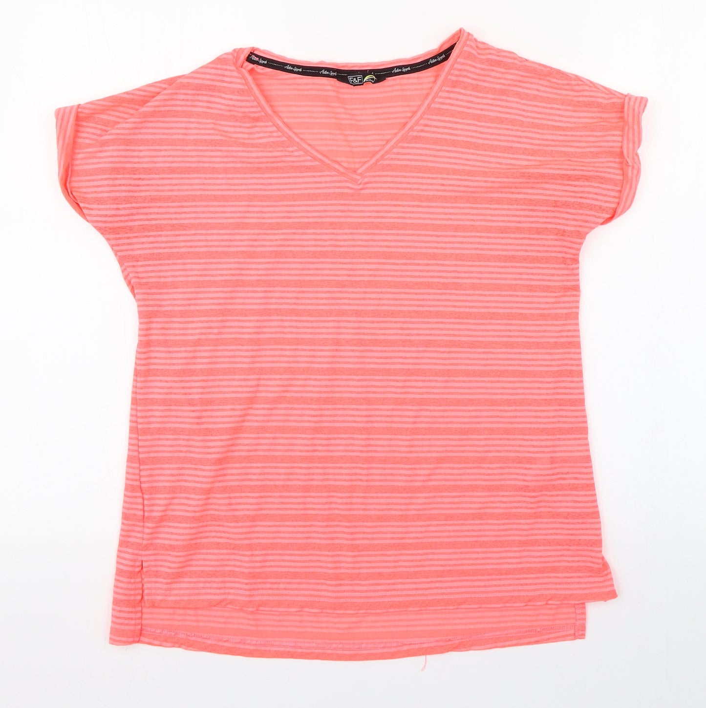 F&F Womens Pink Striped Polyester Basic T-Shirt Size 8 V-Neck