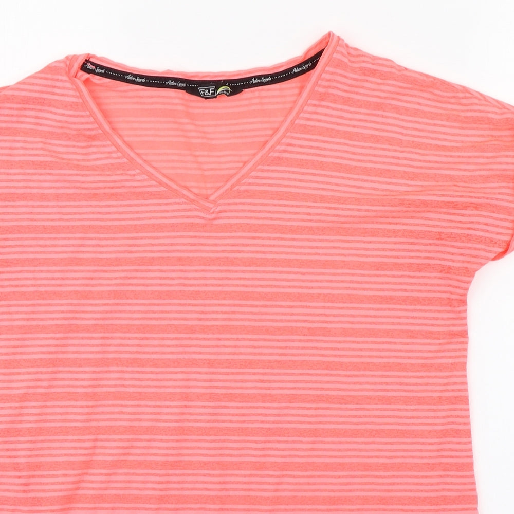 F&F Womens Pink Striped Polyester Basic T-Shirt Size 8 V-Neck