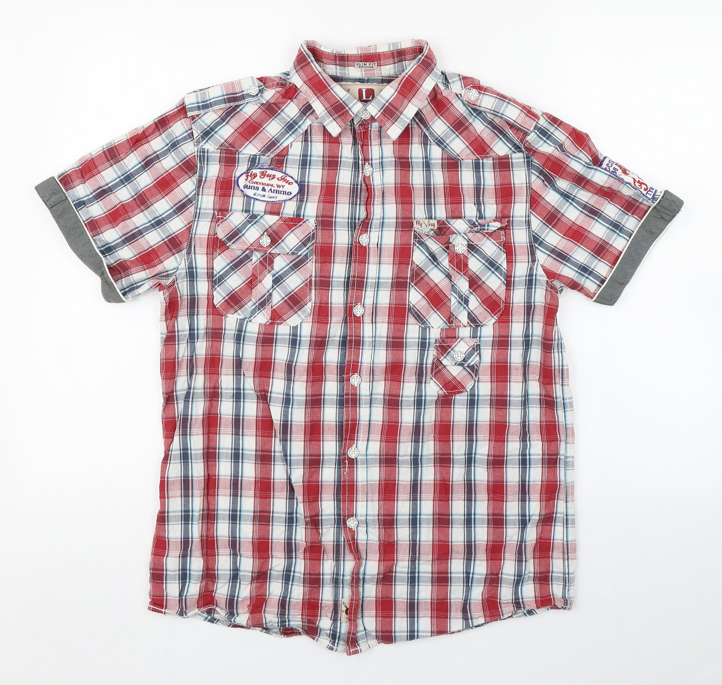 Fly Guy Mens Multicoloured Plaid Cotton  Button-Up Size L Collared Button