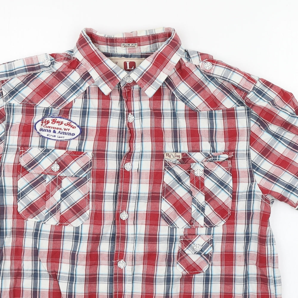 Fly Guy Mens Multicoloured Plaid Cotton  Button-Up Size L Collared Button