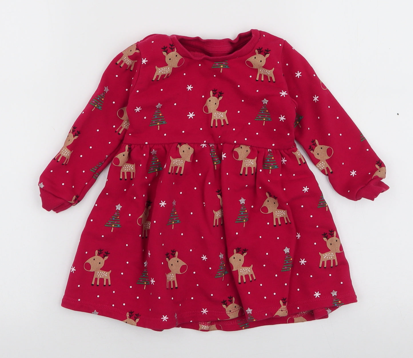 Dunnes Stores Girls Red  Cotton Skater Dress  Size 12-18 Months  Round Neck Pullover - Reindeer Christmas